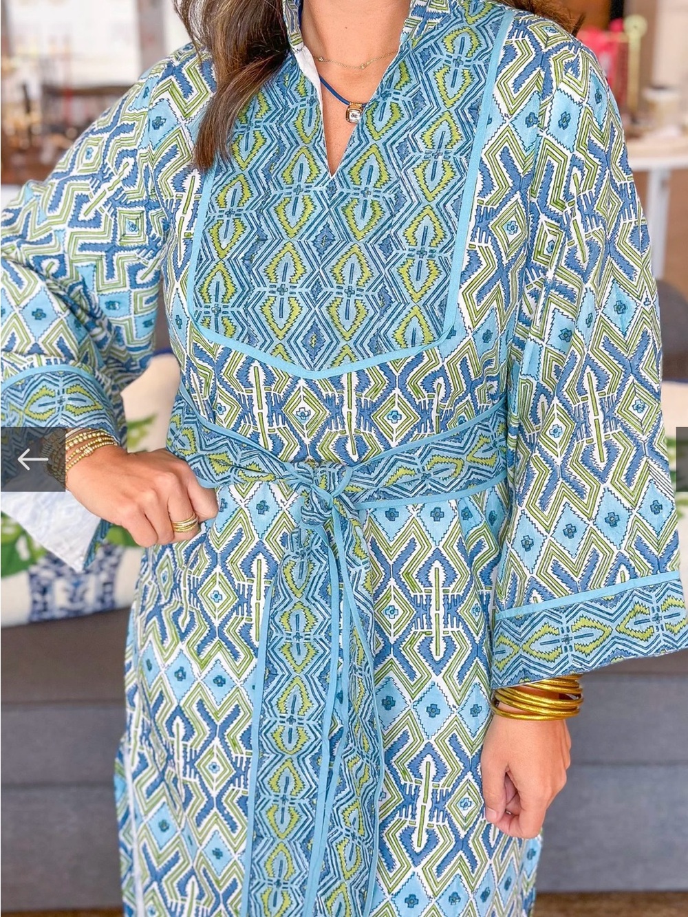 Victoria Dunn - Brynn Blue and Green Geometric Kimono Maxi Dress with Waist Tie - Picture 3 of 3